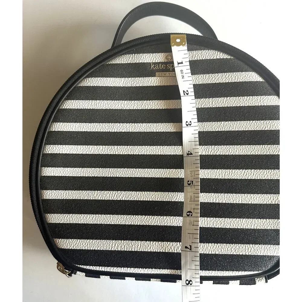 Kate Spade Miri Glitter Makeup Bag Black White Striped Round Cosmetic Case